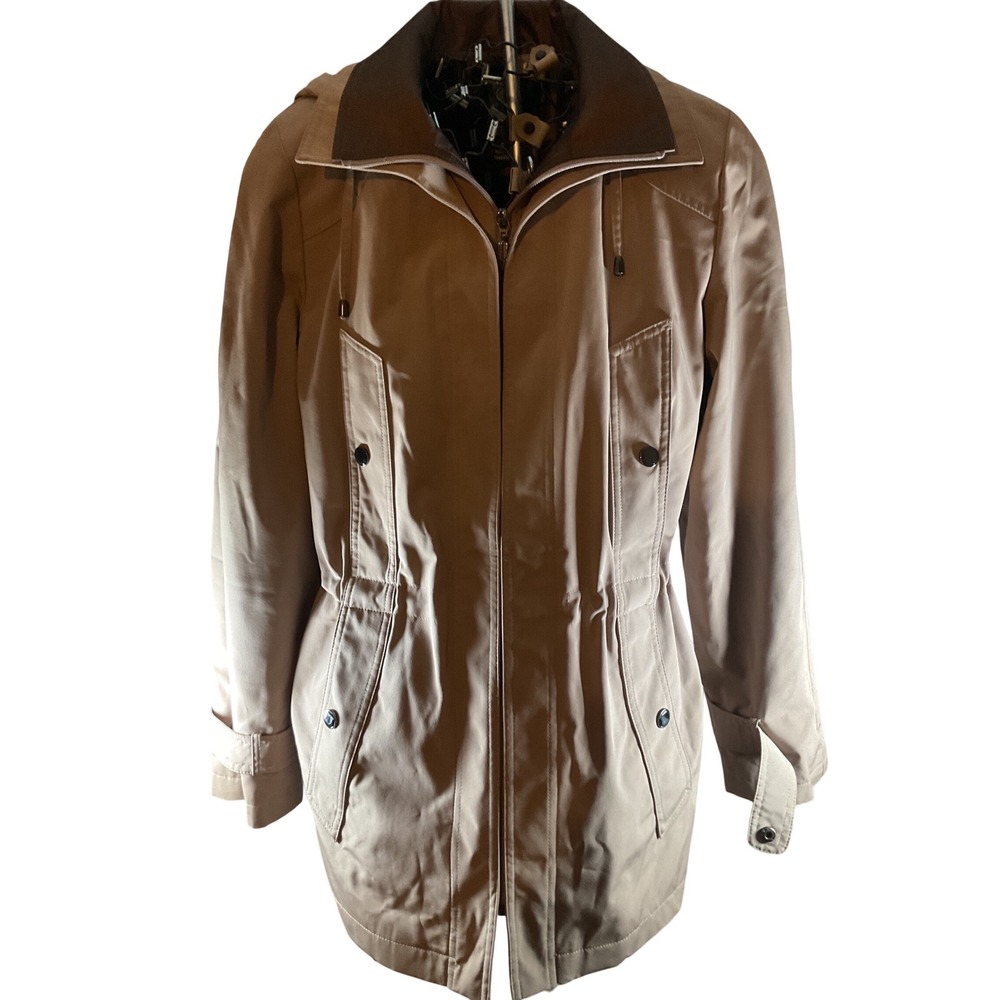 Miss Gallery Tan Hooded Raincoat Lightweight Jacket Small Drawstring Waist R13‎